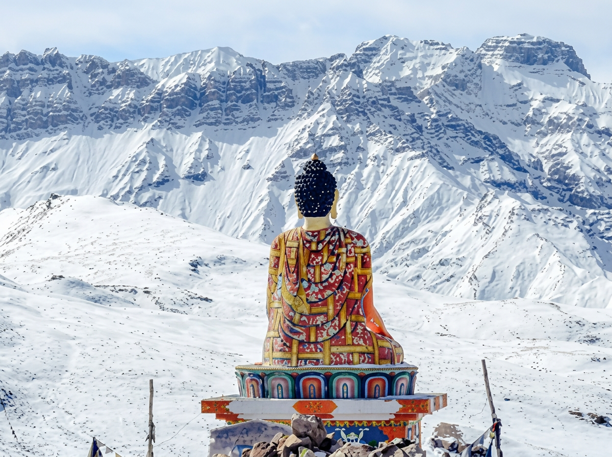 Colourful Buddha statue facing snow-covered mountains in Spiti