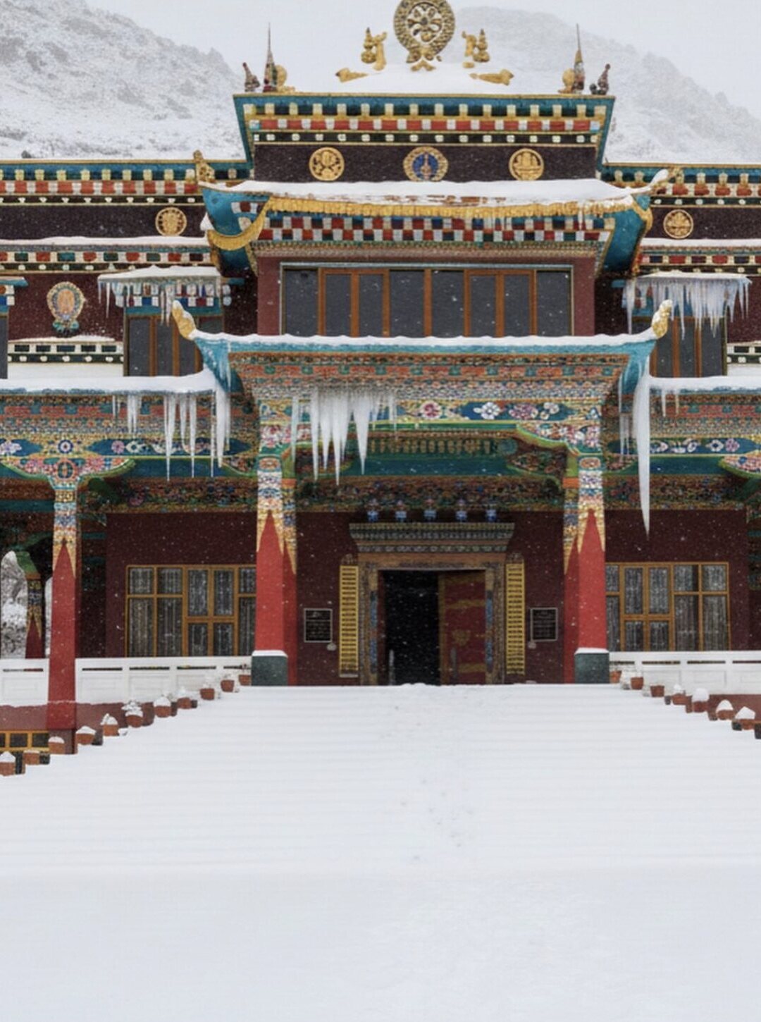 Snow-covered monastery with icicles hanging from its roof